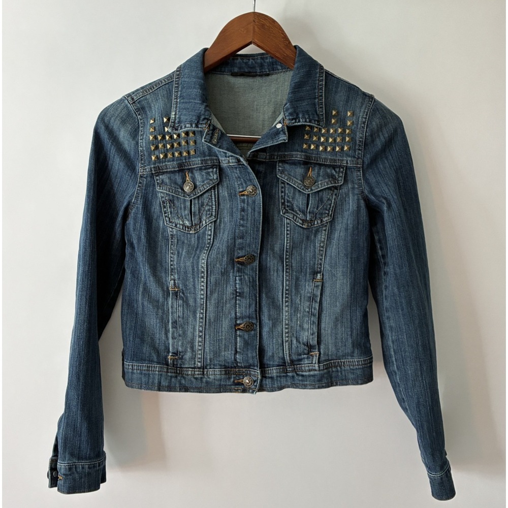a.n.a. Denim Studded Trucker Jacket Women's Size Medium Dk Blue Wash Distressed